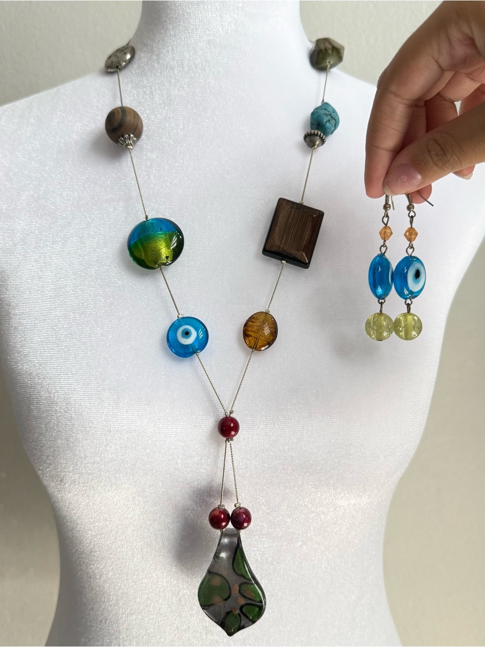 Handcrafted Multicolor Glass Pendant Necklace with Matching Earrings